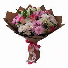 Букет Розовое очарование в Олекминске Букет цветов из:  Хризантемы, Альстромерии и Розы в Олекминске