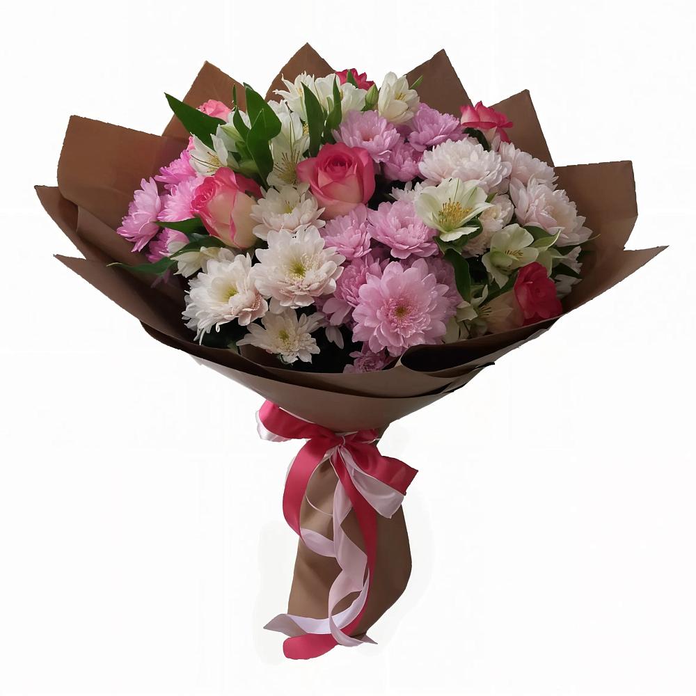 Букет Розовое очарование в Олекминске Букет цветов из: Хризантемы, Альстромерии и Розы в Олекминске